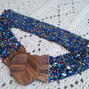 Vtg Statement Bead Wood Rocks Stretch Belt Boho Festival Colorful Artsy Eclectic